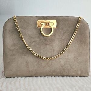 Authentic SALVATORE‎ FERRAGAMO Rare 1990 Diana Spencer Grey Suede Gancini Clutch